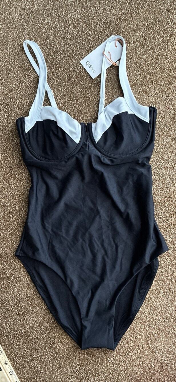NEW Quince One Piece Swimsuit Tie Back Adj Strap Wht Trim Underwire Bathing Suit